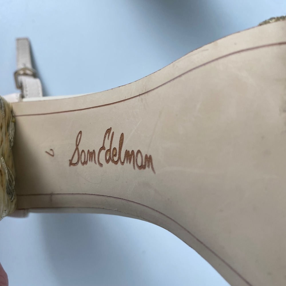 Sam Edelman Yaro Block Heel Sandals‎ Beige Gold Braided Straw Leather 7 SU - Picture 3 of 5